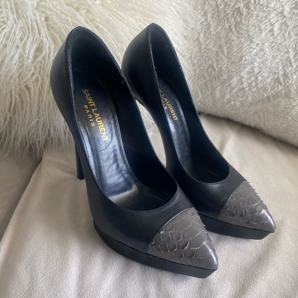 YSL Saint Laurent Black and Gray High Heels with Sleek Silhouette - Picture 2 of 6